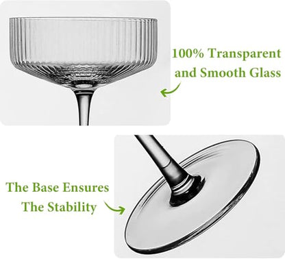 4 Pcs Ribbed Coupe Glasses, 10 oz Large Vintage Martini Glass Set, Unique Margarita Glass, Classic Cocktail Galssware, Ribbed Bar Drinking Glasses Set for Cocktail, Wine, Champagne, Espresso & Gift