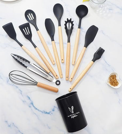 Silicone Cooking Utensils Kitchen Utensil Set - 446°F Heat Resistant Silicone Kitchen Utensils Set, Spatula,Turner Tongs, Spoon, Whisk,Kitchen Gadgets for Nonstick Cookware, BPA Free (Black) - color: Black
