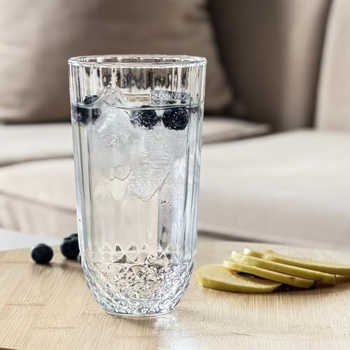 Highball Drinking Glasses Set of 6, 12 oz Crystal-Cut Water Glasses, Tall Clear Tumblers for Cocktails, Mixed Drinks – Elegant Durable Glassware, Dishwasher-Safe Premium Drink Cups for Home&Kitchen