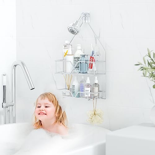 TreeLen Rustproof Shower Caddy, Hanging, Stainless Steel, 4 Hooks, 2 Shelves, Non-Slip - color: Silver