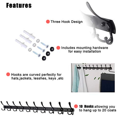 Coat Rack Wall Mount - 38” Long 10-Tri-Hooks Heavy Duty Coat Hanger Rail Wall Hooks for Hanging Coats Hats Clothing Clothes Purse Mudroom Entryway, Black - color: Black, size: L=38” (1 Pcs)