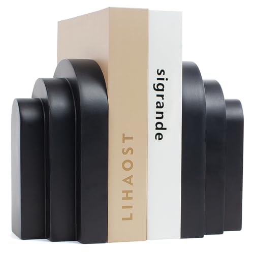 LIN CHUAN Heavy Duty Bookends for Shelves, Set of 2, Matte Black | Book Ends for Heavy Books, Decorative Book Stopper with Faux Sandstone Finish, Layered Arch Design Bookshelf holder, 6.6 lbs - color: Black