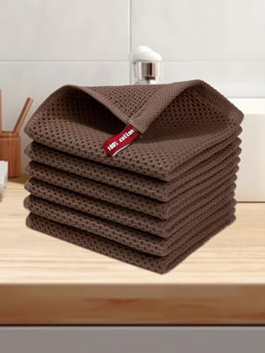 100% Cotton Waffle Weave Kitchen Dish Cloths, 6 Pack Ultra Soft Absorbent, Quick Drying Dish Towels, 12x12 Inches, Dish Rags for Drying Dishes & Daily Kitchen Use, Brown - color: Brown