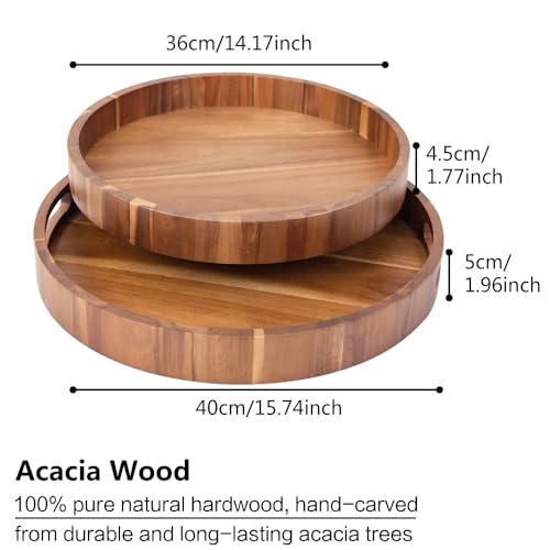 Round Wood Serving Trays Set of 2, Ottoman Tray Rustic Acacia Wooden Trays with Handles, Nesting Circle Tray with 4 Coasters for Coffee Table Living Room Bathroom Bedroom Party - color: 15.75"+13.78" Round Tray - Acacia