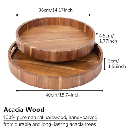 Round Wood Serving Trays Set of 2, Ottoman Tray Rustic Acacia Wooden Trays with Handles, Nesting Circle Tray with 4 Coasters for Coffee Table Living Room Bathroom Bedroom Party - color: 15.75"+13.78" Round Tray - Acacia