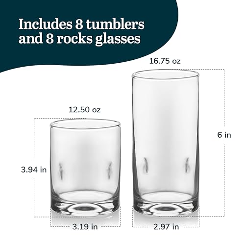 Libbey Impressions 16-Piece Tumbler and Rocks Clear Drinking Glasses, 8 16.7oz & 8 12oz Double Old-Fashioned Glass Drinking Cups Set - color: 05 - Impressions