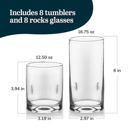 Libbey Impressions 16-Piece Tumbler and Rocks Clear Drinking Glasses, 8 16.7oz & 8 12oz Double Old-Fashioned Glass Drinking Cups Set - color: 05 - Impressions