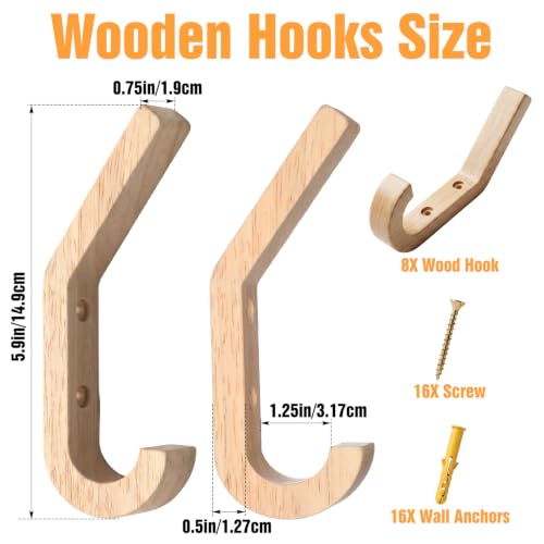 8 Pack Wooden Coat Hooks for Wall, Natural Oak Wood Wall Hooks, Heavy Duty Hat Hanger Hook, J-Shape Double Pegs for Hanging Coats, Towels, Bags, Scarves, Rustic Farmhouse Decor