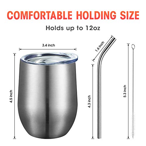 COMOOO 12oz Insulated Wine tumbler with Lid, Stainless Steel Stemless Wine Tumbler Glass,Double Wall Vacuum Wine Tumbler Cups with Straw Coffee, Cocktails,Beer,Champaign Silver, 8 Pack - color: Silver