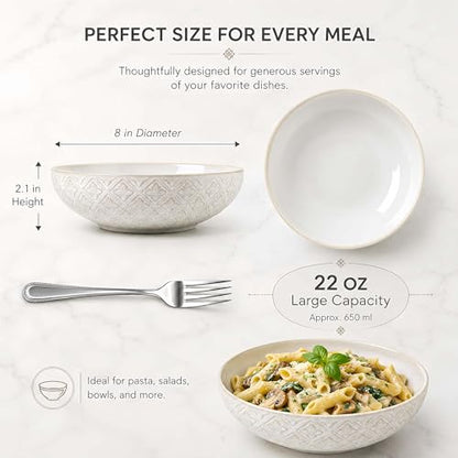 22 Oz Pasta Bowls Set of 4, Ceramic Soup Bowls, 8 inch Large Serving Bowl, Porcelain Kitchen Embossed Dish for Salad, Fruit, Rice, Desserts, Housewarming Wedding Gifts, Dishwasher Safe - color: Floral 2