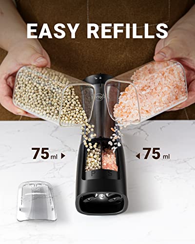 Sangcon 2-in-1 Automatic Electric Salt and Pepper Grinder with LED Light | Refillable dual 75ml chambers, 150ml capacity, one-handed buttons, adjustable coarseness, ceramic mills, battery powered - color: Battery-Operated