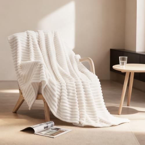 Nookly Cream Twin Size Fleece Blanket, Soft Lightweight Ribbed Plush Bed Blanket, Cozy All-Season Striped Fleece Twin Throw for Bedroom and Home, 60x80 Inches - color: Cream, size: Twin(60"x80")