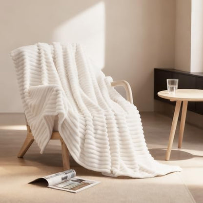 Nookly Cream Twin Size Fleece Blanket, Soft Lightweight Ribbed Plush Bed Blanket, Cozy All-Season Striped Fleece Twin Throw for Bedroom and Home, 60x80 Inches - color: Cream, size: Twin(60"x80")