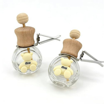 2 Pack Bear Car Vent Clip Diffuser Refillable Glass Bottle | Wood cap glass bottle with dropper, DIY essential oil freshener for car wardrobe bathroom home - size: Bear-A3 - 2PCS