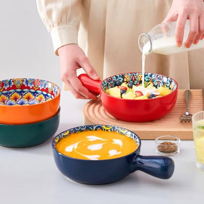 vancasso Boho 23 Oz French Onion Soup Bowls with Handles, Ceramic, Set of 4 | Bohemian ceramic soup crocks with handles,Microwave & dishwasher safe,6.2 inch, 23 oz, For cereal, pasta, stew & chili