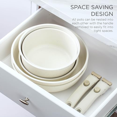 Country Kitchen Cookware Set with Removable Handle, Oven & RV Safe Pots and Pans Set, Cream, Deluxe Larger Set - color: Cream, size: Larger