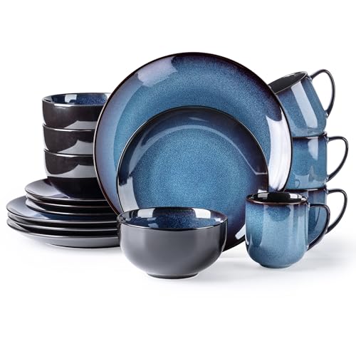 LERATIO Ceramic Dinnerware Sets for 4,16Pcs Stoneware Plates and Bowls Set | Handmade Reactive Glaze Ceramic Dishes Set,Oven & Microwave,Dishwasher Safe,Scratch Resistant-Blue - color: Dreamy Moonlight-Blue, size: Service for 4-16pcs
