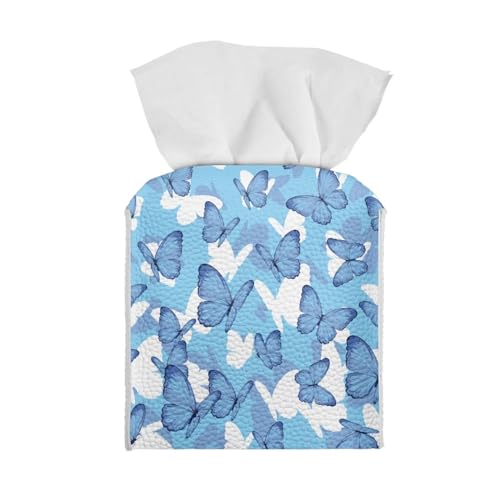 Blue Butterfly Floral PU Leather Waterproof Tissue Case Facial Paper Organizer, Durable Toilet Paper Holder, Decorative Cube Cover for Your Home Bathroom Kitchen Office Car - color: Blue Butterfly Floral