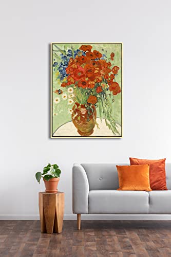 Wieco Art Gold Framed Art Red Poppies and Daisies Large Canvas Prints Wall Art of Van Gogh Famous Artwork Oil Paintings Reproduction Classical Flowers for Living Room Home Decor - size: 32"L x 24"W