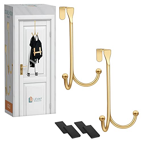 2-Pack Over The Door Hooks - with 2 Hang Heads & Snug Fit Pads Heavy Duty Hook for Hanging Coats, Towels, Caps & Robes - Elegant Matt Finish - No Drill Hanger Organizer - Gold - color: Gold, size: 2 Heads