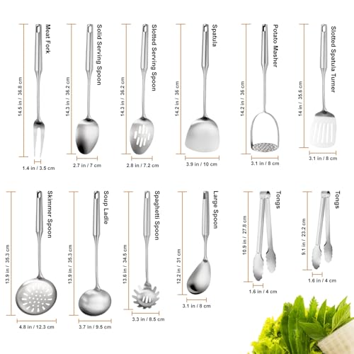 304 Stainless Steel Cooking Utensils Set, 12 Pcs Long Stainless Steel Kitchen Utensils Set, Metal Cooking Utensils Set with Potato Masher, Spoon, Ladle, Skimmer, Pasta Server etc(Dishwasher Safe)
