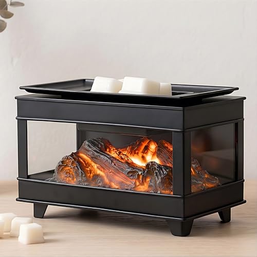 Fireplace Wax Melt Warmer, Electric Wax Warmer for Scented Wax | 3-Sided Glass Metal Wax Melter & Burner,Candle Warmer with LED Flame Glow,Fragrance Warmer for Home Office Decor Gifts