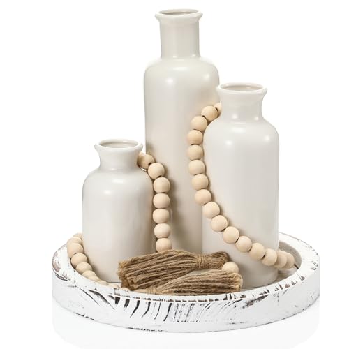 5 Pcs Rustic Country Tabletop Centerpieces Decor Set of 3 Boho Ceramic Vases with Wooden Serving Tray Wood Bead Garland Tassels Table Holder for Home Decorations(White) - color: White