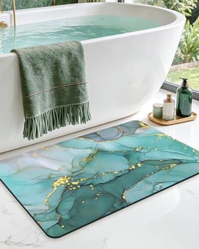 DEXI Bathroom Mat Ultra Thin, Non Slip Bath Rug for Shower Floor, Absorbent Quick Dry Marble Bathmats Low Profile, 24x16, Turquoise Green - color: Turquoise Green, size: 24" X 16" (Rectangular)