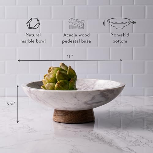 Cork & Mill Marble Decorative Bowl with Acacia Wood Pedestal, 11 Inch | Handcrafted Natural Stone Fruit Bowl for Kitchen, Potpourri, Catch All for Entryway, Dining Table Centerpiece Decor
