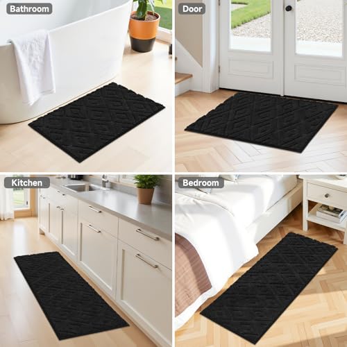 Bsmathom 3 Piece Bathroom Rug Sets, Non Slip Microfiber Bath Mat, Black | Plush Water Absorbent Bath Rug Sets with U-Shaped Contour Toilet Mat, Machine Washable Carpet for Bathroom Sink, Shower - color: Black