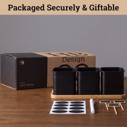 Herb Planter Indoor, 3-pc Herb Pots w/ Drainage Holes, Bamboo Tray & Labels | Iron Herb Pots, Varnished Bamboo Tray with Anti-Skid Base, Customizable Oval Sticker and Stick Labels & Chalkboard Marker Pen - color: Black