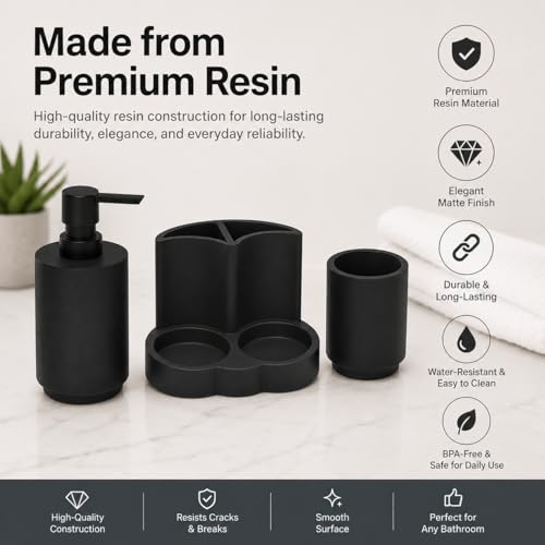 Black Resin Bathroom Accessories Set, Removable, 3 Piece Easy-to-Clean | Soap Dispenser, Toothbrush Holder, Tumbler & Countertop Organizer,Bathroom Accessory Set for Home, Apartment & Guest Bathroom