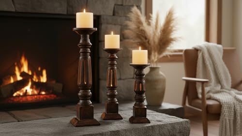 Pillar Candle Holders Set of 3, Candle Holders for Pillar Candle,Mango Wood Candle Holder for Coffee Dining Table, Wedding, Christmas, Halloween, Home Decoration,Brown