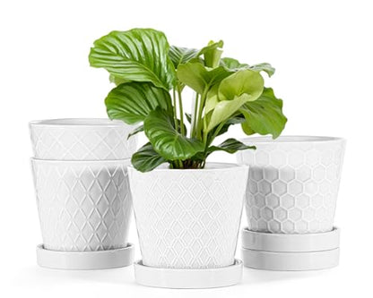 EFISPSS Flower Planter –5 inch Ceramic Plant Pots with Drainage Holes and Ceramic Tray - Gardening Home Desktop Office Windowsill Decoration Gift Set of 4 - Plants NOT Included (White) - color: White