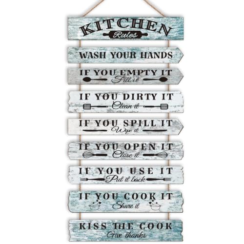 Kitchen Wall Decor Funny Kitchen Signs Kitchen Rules Pictures Wall Art Decor Rustic Farmhouse Western Kitchen Decor Wooden Sign (Turquoise) - color: Turquoise