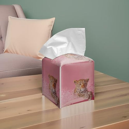 Cute Leopard Pink Bubble Bath PU Leather Tissue Box Cover 5.2 Inch | Pink leopard bubble bath design; 5.2 in PU leather tissue cover for bathroom, bedroom, vanity, office. - color: Pink Leopard