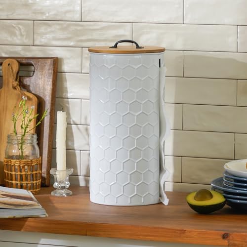 Metal Paper Towel Holder, Weighted Base with Suction Cups | White Honeycomb Pattern Embossed with Wooden Lid, Easy Tear Roll Dispenser for Kitchen Counter, Bars, Dining Tables - color: Honeycomb White