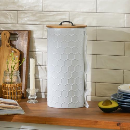 Metal Paper Towel Holder, Weighted Base with Suction Cups | White Honeycomb Pattern Embossed with Wooden Lid, Easy Tear Roll Dispenser for Kitchen Counter, Bars, Dining Tables - color: Honeycomb White