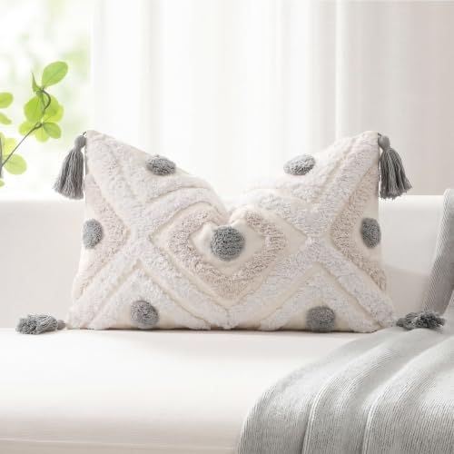 NUYECY Farmhouse Lumbar Pillow Cover 12 x 20,Cotton and Linen Tufted Decorative Boho Lumbar Pillow Case for Couch Sofa Bed Farmhouse Chair Outdoor,Light Gray&Beige&White - color: Grey, size: 20" x 12" (Pack of 1)