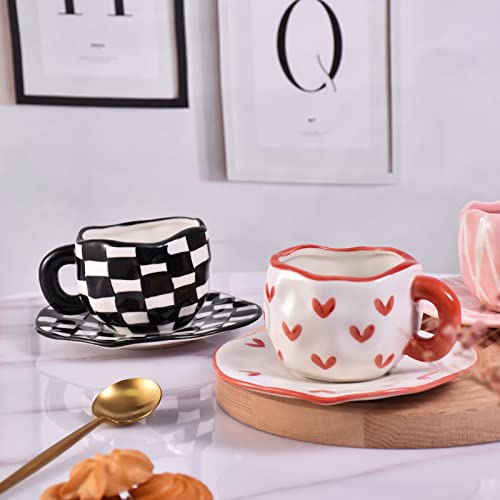 Koythin 10oz Ceramic Coffee Mug With Saucer, Black White Plaid Latte Cup | 300ml Drinkware, Microwave & Dishwasher Safe; Daily Office Cup, Sweet Gift For Women - color: Black and White Plaid