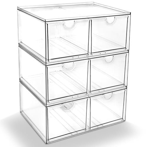 Prsildan 6 Small Drawers Stackable Storage Drawer Clear Acrylic Organizer | Makeup Organizers, Vanity Bathroom Kitchen Cabinets Under Sink Home Organization, 3 Pack - size: Stackable-6Drawers
