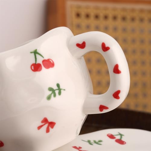 TREEWOO Hand Painted Cherry Ceramic Coffee Cup and Saucer Set, 300ml/10 oz, Korean Style, Hand Pinched Irregular Cappuccino Latte Tea Cup - color: Cherry