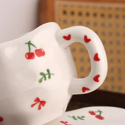 TREEWOO Hand Painted Cherry Ceramic Coffee Cup and Saucer Set, 300ml/10 oz, Korean Style, Hand Pinched Irregular Cappuccino Latte Tea Cup - color: Cherry