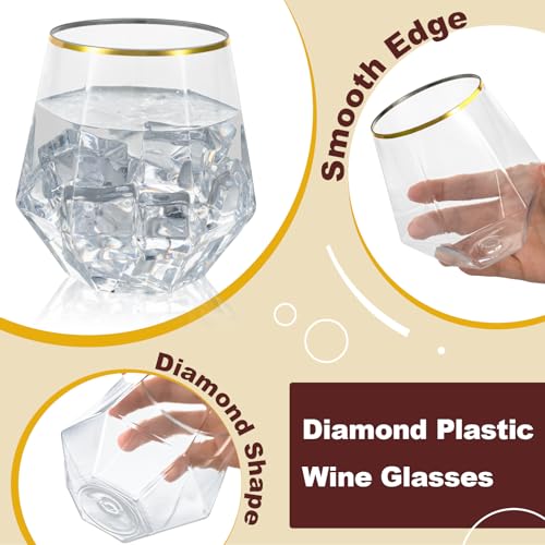 Goodluck 40PCS 12oz Diamond Stemless Plastic Wine Whiskey Glasses,Gold Rim | Disposable Cocktail Glasses, Suitable for Weddings, Birthday Parties, Family Gatherings, Bars, etc - color: Clear and Gold