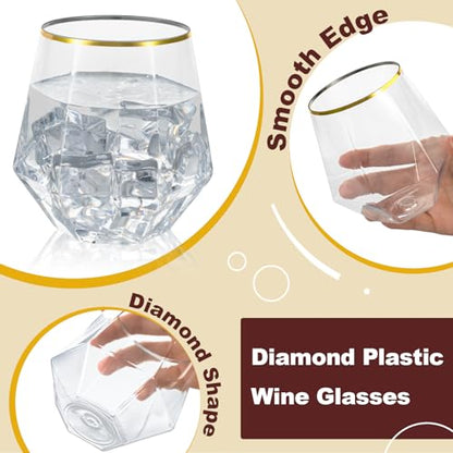 Goodluck 40PCS 12oz Diamond Stemless Plastic Wine Whiskey Glasses,Gold Rim | Disposable Cocktail Glasses, Suitable for Weddings, Birthday Parties, Family Gatherings, Bars, etc - color: Clear and Gold