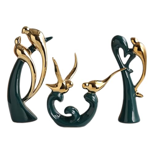 Ceramic Statues Set of 3, Birds and Base Sculpture Modern Home Decor | Aesthetic Abstract Decorative Statue for Living Room Bedroom Bookshelf Dining Centerpiece Office (Green and Gold) - color: Green and Gold