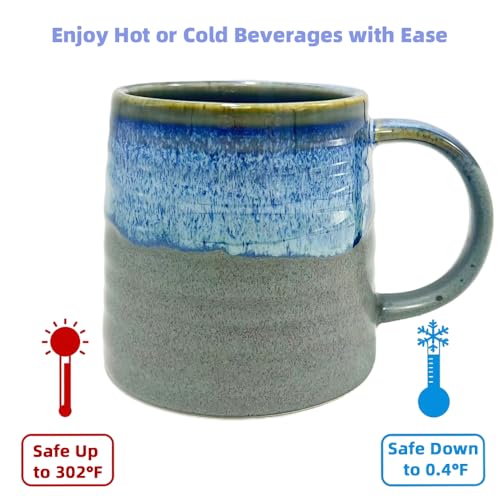 Handmade Ceramic Coffee Mug – 16oz Large Pottery Tea Cup with Wide Bottom & Transmutation Glaze, Microwave & Dishwasher Safe for Home or Office (Grey Blue) - color: Grey Blue