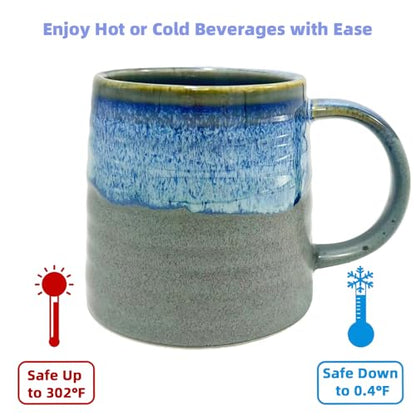 Handmade Ceramic Coffee Mug – 16oz Large Pottery Tea Cup with Wide Bottom & Transmutation Glaze, Microwave & Dishwasher Safe for Home or Office (Grey Blue) - color: Grey Blue