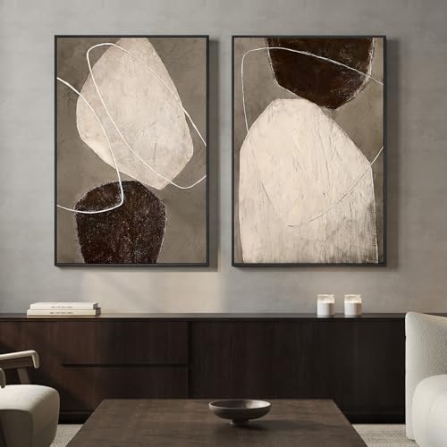 Framed Modern Abstract Wall Art for Living Room, Set of 2 Beige Brown Neutral Canvas Artwork for Walls, Large Contemporary Wabi Sabi Minimalist Painting Print for Hallway Bedroom Wall Decor, 24x36 In - color: Beige Brown