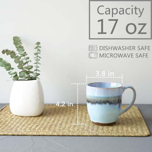 Bosmarlin Ceramic Coffee Mug Set of 4, 17 Oz, Stoneware Coffee Cups with Big Handle, Microwave Safe, Unique Reactive Glaze (17 Oz, Light Blue) - color: Light Blue